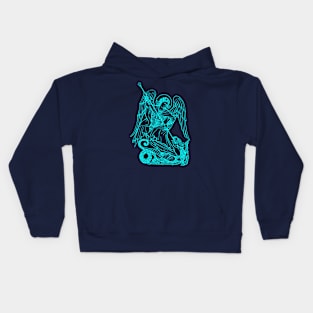 Saint Michael vanquishing the dragon (blue neon) Kids Hoodie